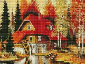 Алмазная мозаика с нанесенной рамкой 40х50 ВОДЯНАЯ МЕЛЬНИЦА (34 цвета)