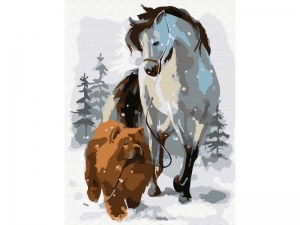 Картина по номерам 15х20 ЛОШАДЬ С СОБАКОЙ НА ПРОГУЛКЕ (13 цветов)