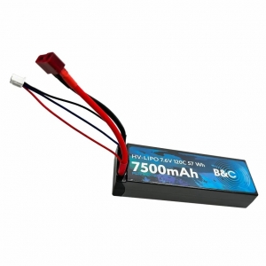 Аккумулятор LiPo B&C - 7.6v 7500мАч 120C (2S HV, Hardcase, разъём Bullet 4 мм/T-Plug)