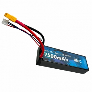 Аккумулятор LiPo B&C - 7.6v 7500мАч 120C (2S HV, Hardcase, разъём Bullet 4 мм/XT60)